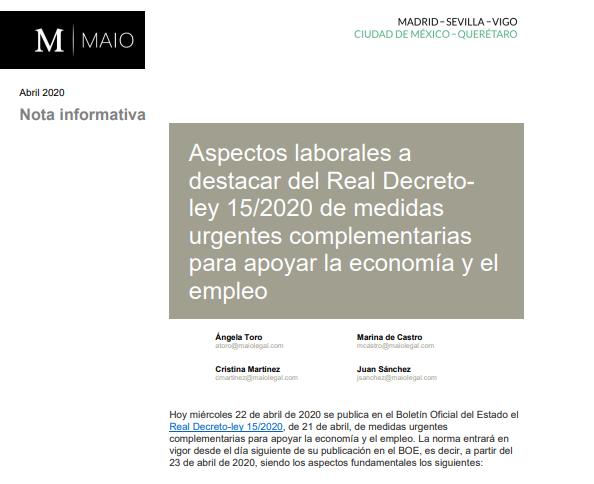 Aspectos laborales a destacar del Real Decreto ley 15/2020 de medidas urgentes complementarias para apoyar la economía y el empleo